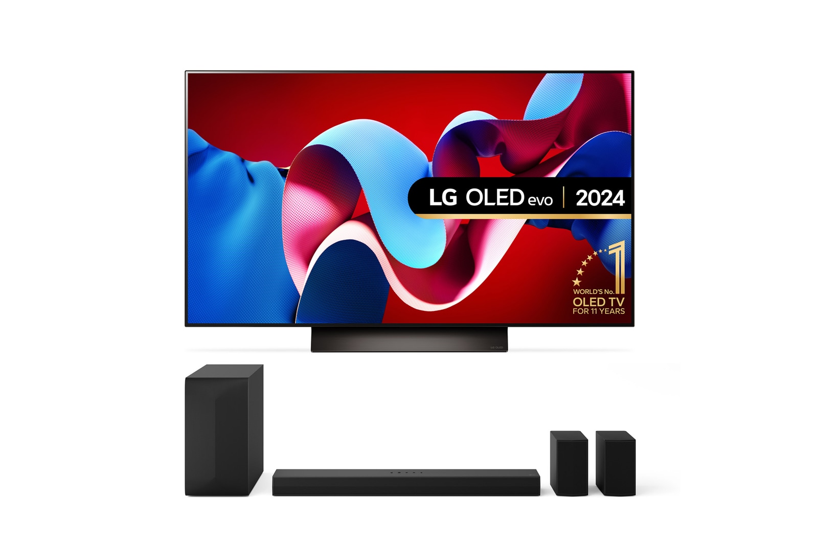 Front view with LG OLED TV, OLED G4, 11 Years of world number 1 OLED Emblem and webOS Re:New Program logo on screen with 2-pole stand