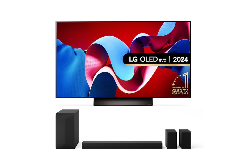 Front view with LG OLED TV, OLED G4, 11 Years of world number 1 OLED Emblem and webOS Re:New Program logo on screen with 2-pole stand