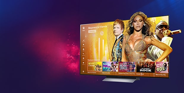 LG TV with 3 music icons: ed sheeran, beyonce and j-z