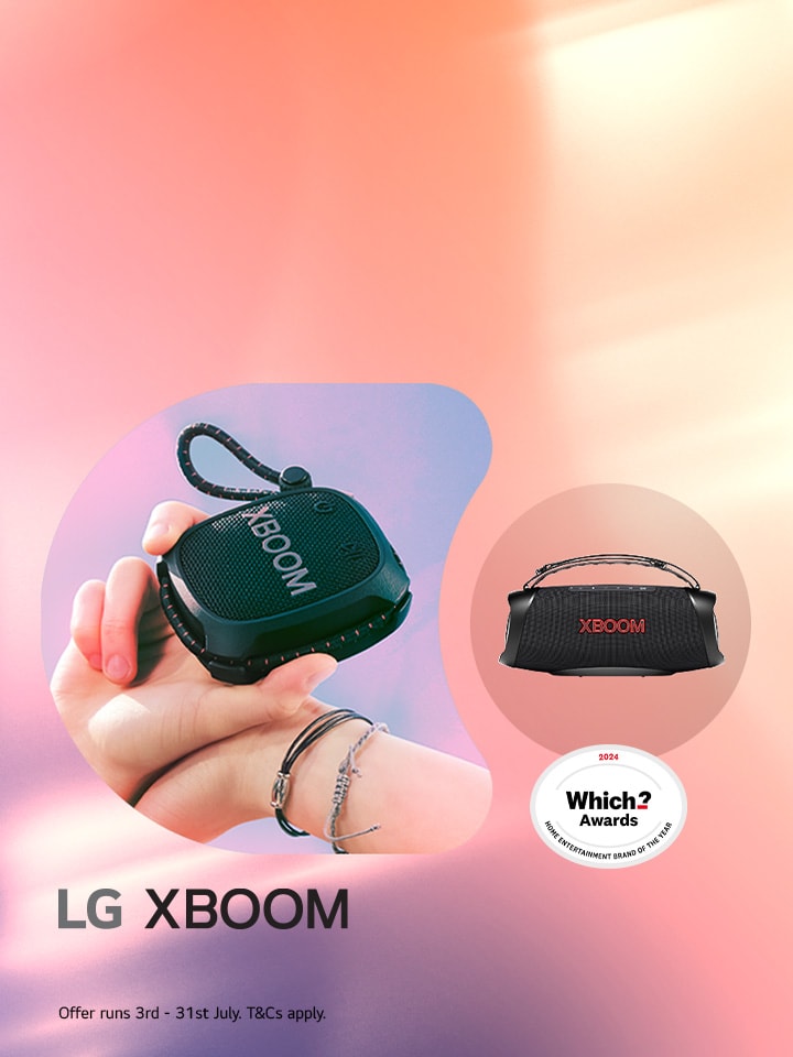 two lg xboom portable speakers on a pastel background with which award logo 