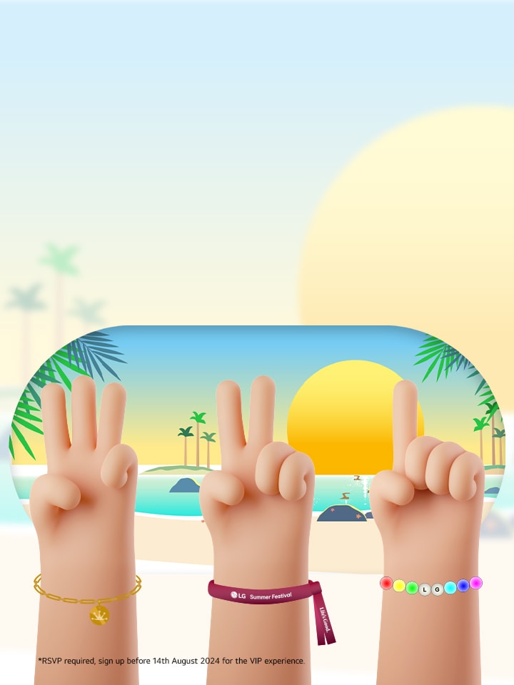 animation of three hands showing 1,2 and 3 finger to represent a countdown to lg's summer festival. The hands are over a summer beach background image.
