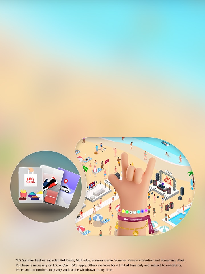 Hand in 'rock' symbol shape in front of a beach festival, with gift cards to the left 