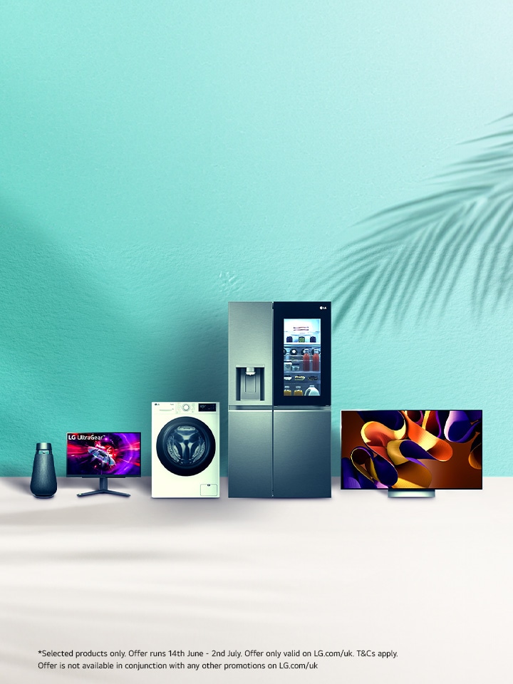 a selection of lg products over a azure background that promote a summer bundle offer