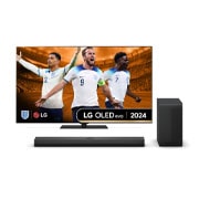 Front view with LG OLED TV, OLED G4, 11 Years of world number 1 OLED Emblem and webOS Re:New Program logo on screen with 2-pole stand