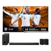 Front view with LG OLED TV, OLED G4, 11 Years of world number 1 OLED Emblem and webOS Re:New Program logo on screen with 2-pole stand
