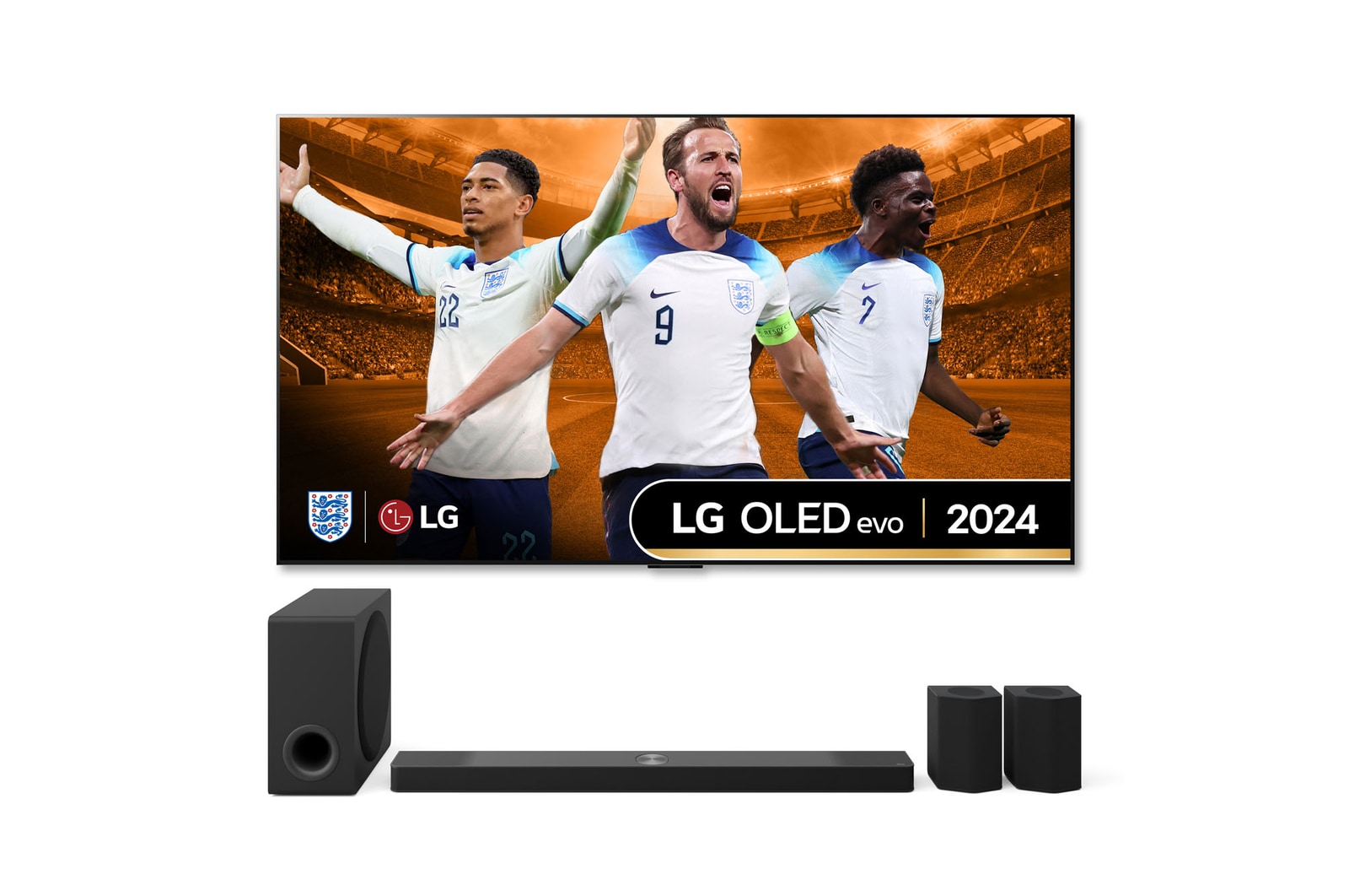 Front view with LG OLED TV, OLED G4, 11 Years of world number 1 OLED Emblem and webOS Re:New Program logo on screen with 2-pole stand