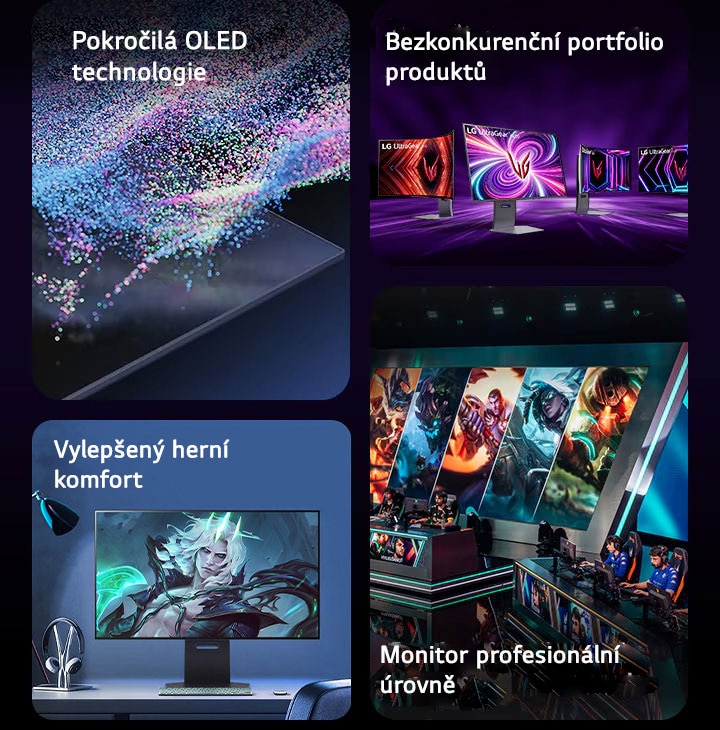 4 block images, from left to right; advanced OLED technology, unrivaled product portfolio, enhanced gaming comfort, professional-grade monitor