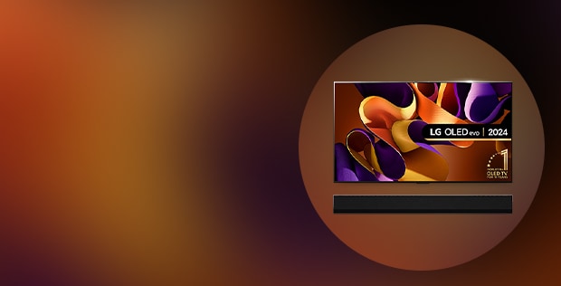 LG OLED TV with Soundbar underneath, with an orange background