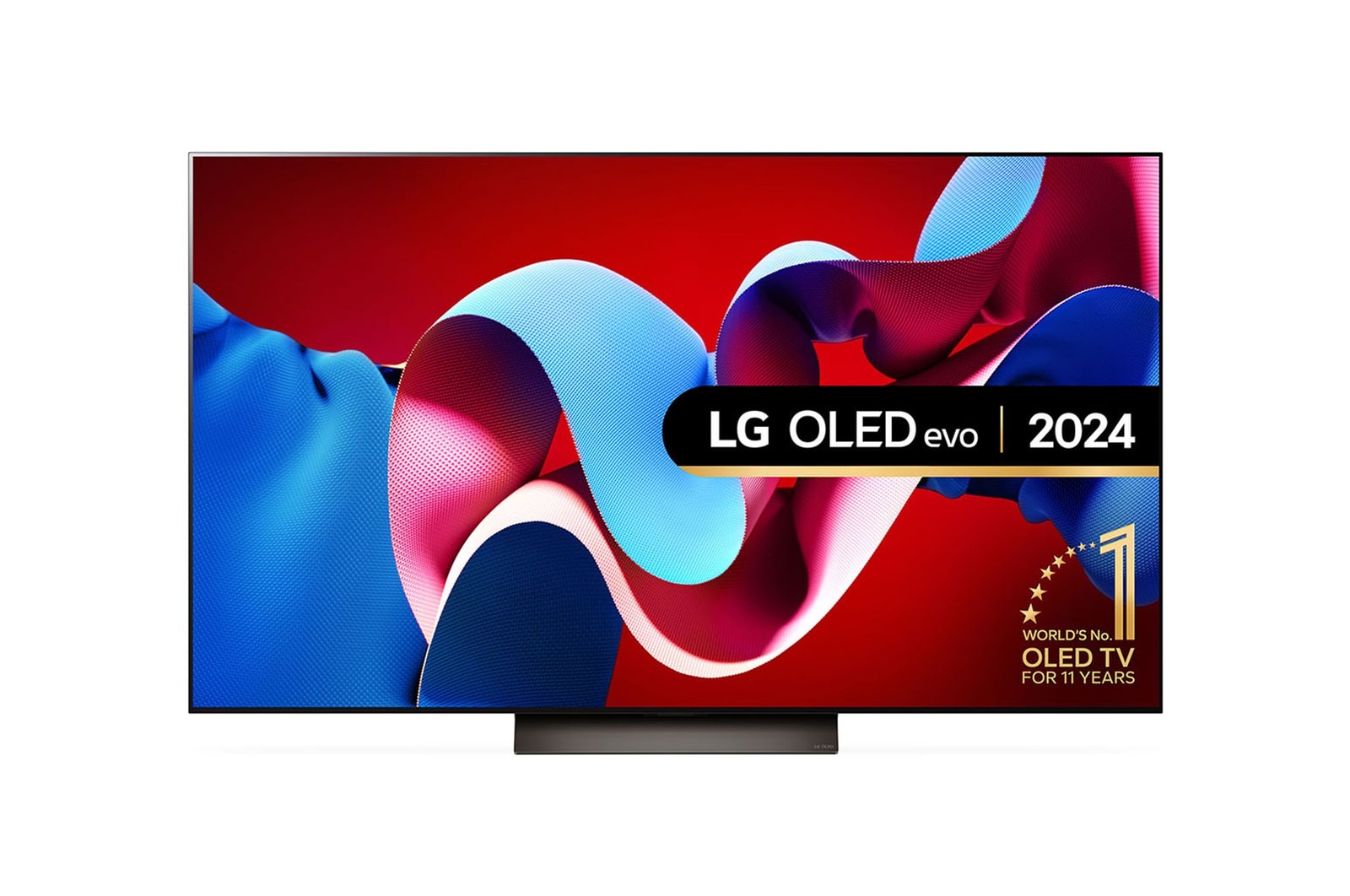Front view with LG OLED TV, OLED G4, 11 Years of world number 1 OLED Emblem and webOS Re:New Program logo on screen with 2-pole stand
