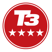 T3 and four stars logo in white on red circular background