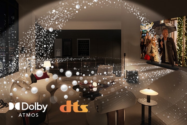 A movie plays on an LG OLED TV and LG Soundbar in a modern city apartment in a side angle view. White beads depicting sound waves project upwards and downwards from the Soundbar and TV, creating a dome of sound in the space. Dolby Atmos logo DTS logo