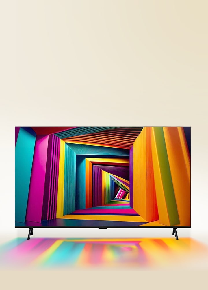 A vibrantly colored, square-shaped tunnel getting gradually narrower towards the back, displayed on an LG TV.	