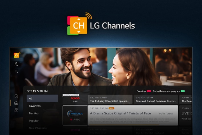 An LG TV shows the LG Channels home screen.	