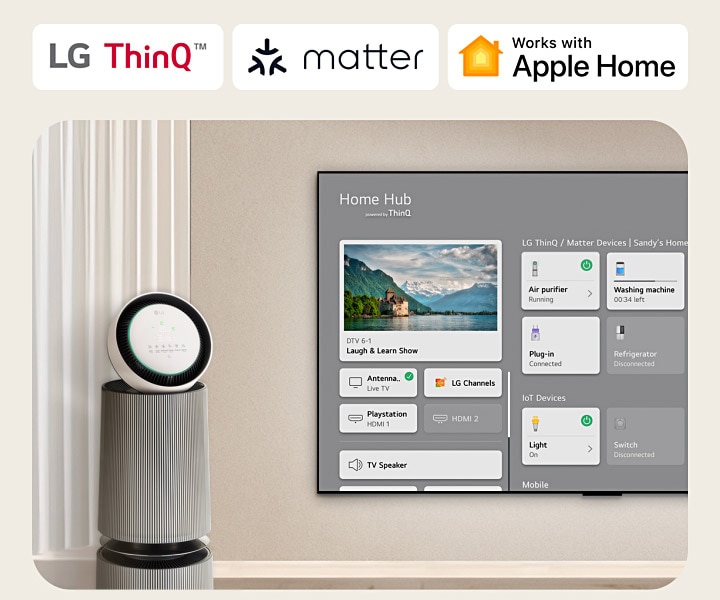 A logo of LG ThinQ™, matter, and Apple Home.   An LG TV mounted on a wall and an LG PuriCare™ Objet Collection 360° on the left. The TV displays Home Hub and a cursor clicks "Air purifier" and the LG PuriCare™ Objet Collection 360° is activated. 