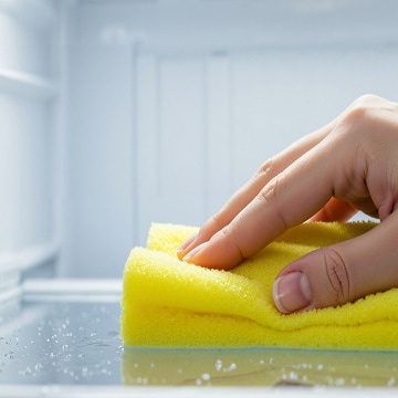 A yellow sponge inside an empty fridge symbolizing hygienic refrigerator cleaning