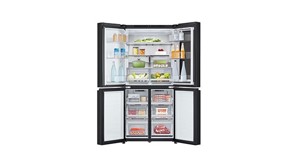 LG refrigerator with French door design showcasing neatly organized fresh produce frozen foods and beverages