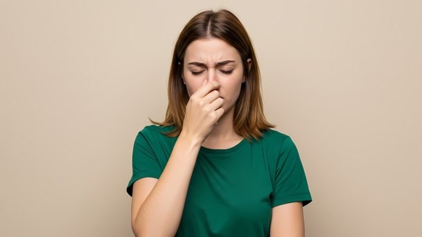 Woman holding her nose due to unpleasant smell, suggesting need for fridge cleaning or odor removal solution