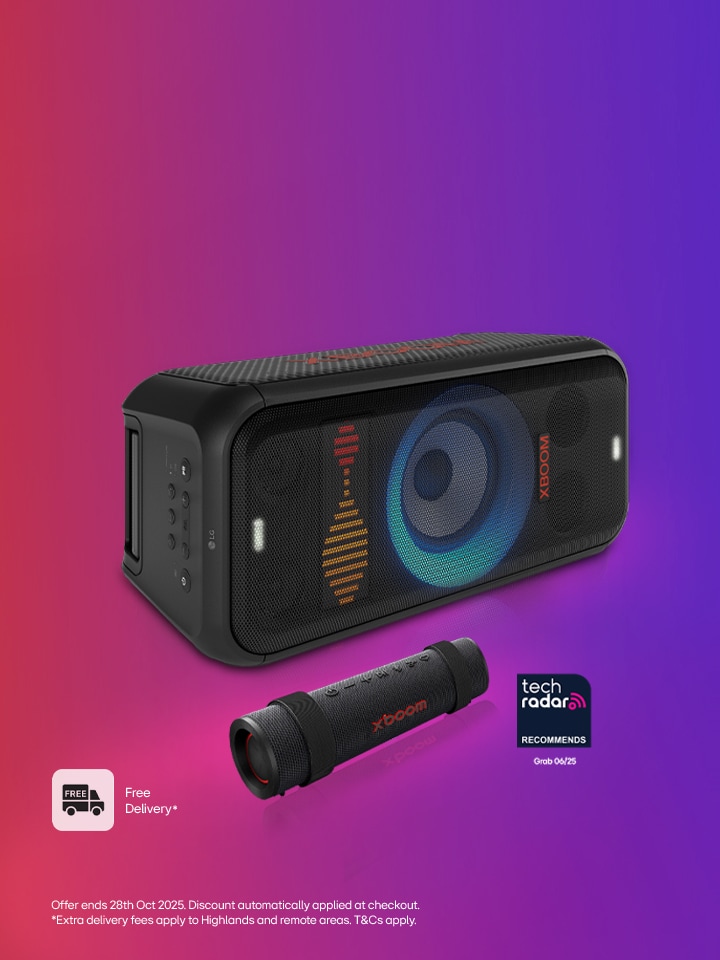 LG xboom speakers with a red/blue background, with which? and Tech Radar award