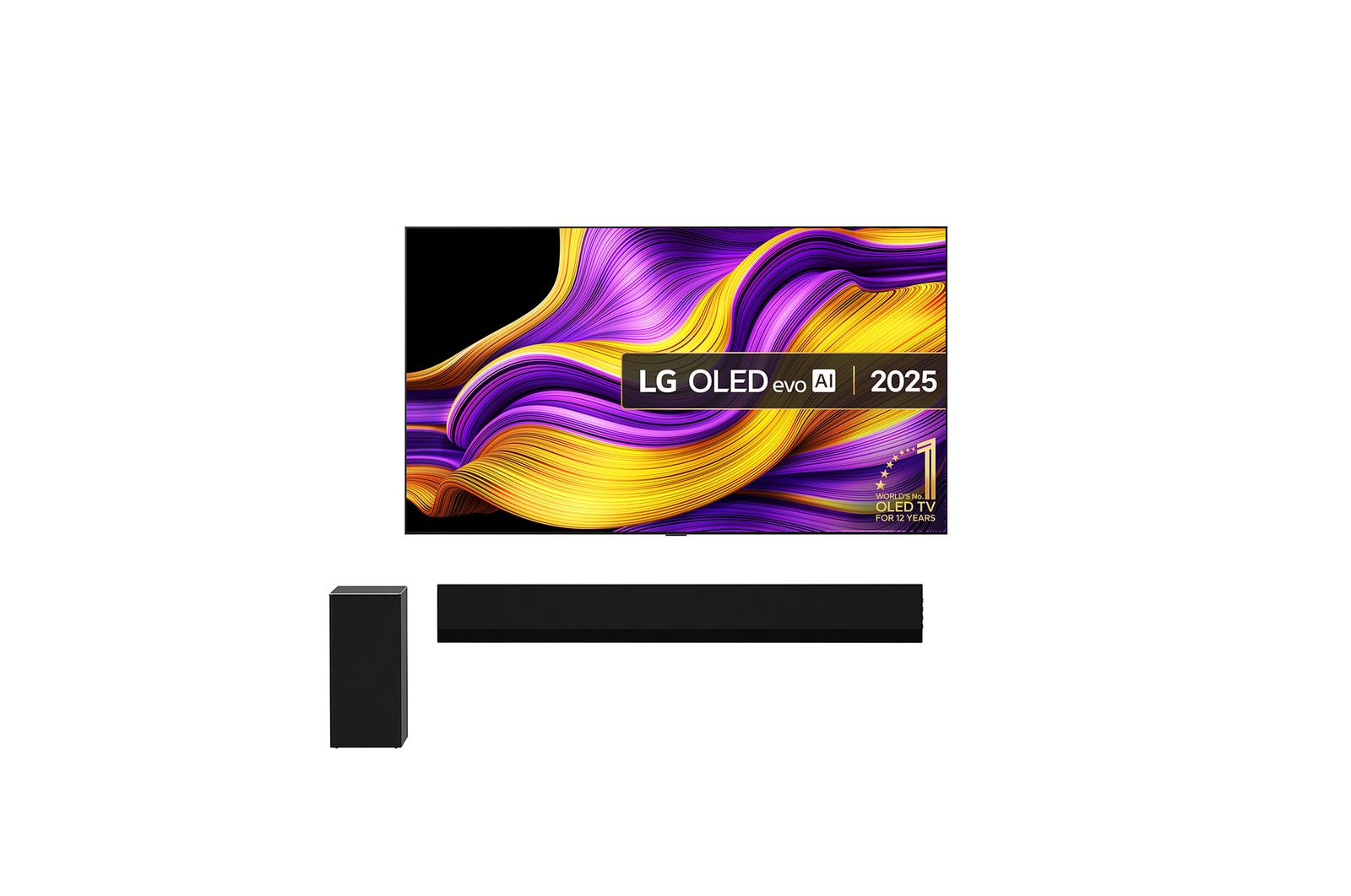 Front view of 55 inch LG OLED evo AI G54 4K Smart TV - Wall mount version 2025 and G1 LG Soundbar OLED55G54LW-G1