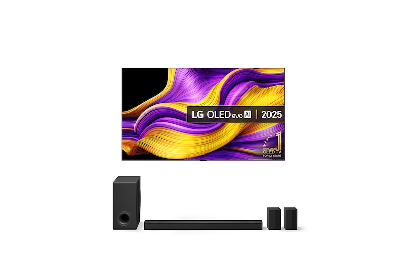 Front view of 55 inch LG OLED evo AI G5 4K Smart TV 2025 - Stand version and US80TR LG Soundbar OLED55G56LS-US80TR