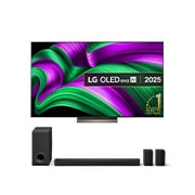 Front view of LG OLED evo AI C5 4K Smart TV. 12 Years of world number 1 OLED emblem and LG OLED evo AI 2025 logo are on the screen.
