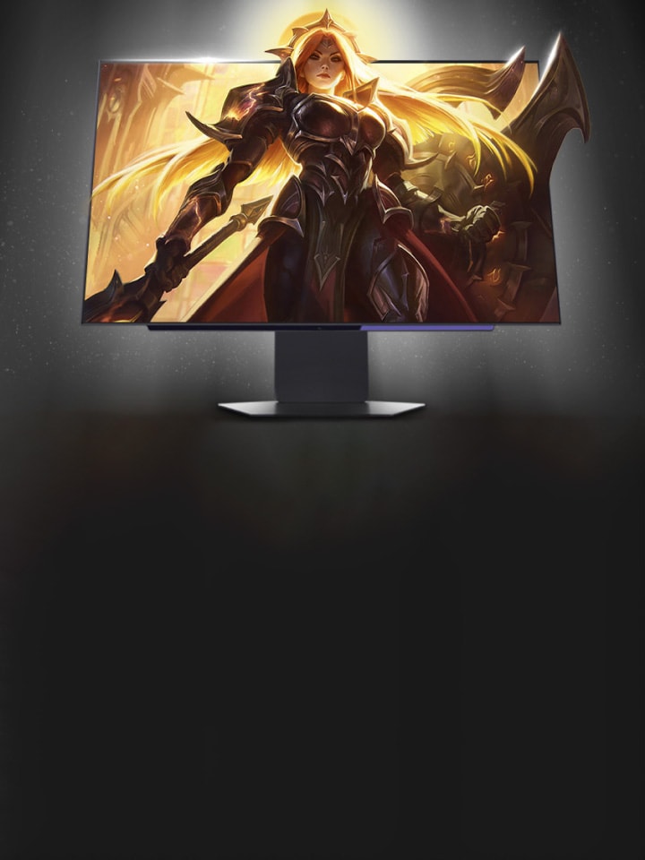 A mythical fighter with a yellow glow, bursts through an LG UltraGear OLED monitor