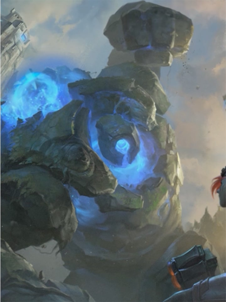 A goliath rock monster comes out of the UltraGear OLED screen, with a characted flying towards the monitor, in a rocky cavern