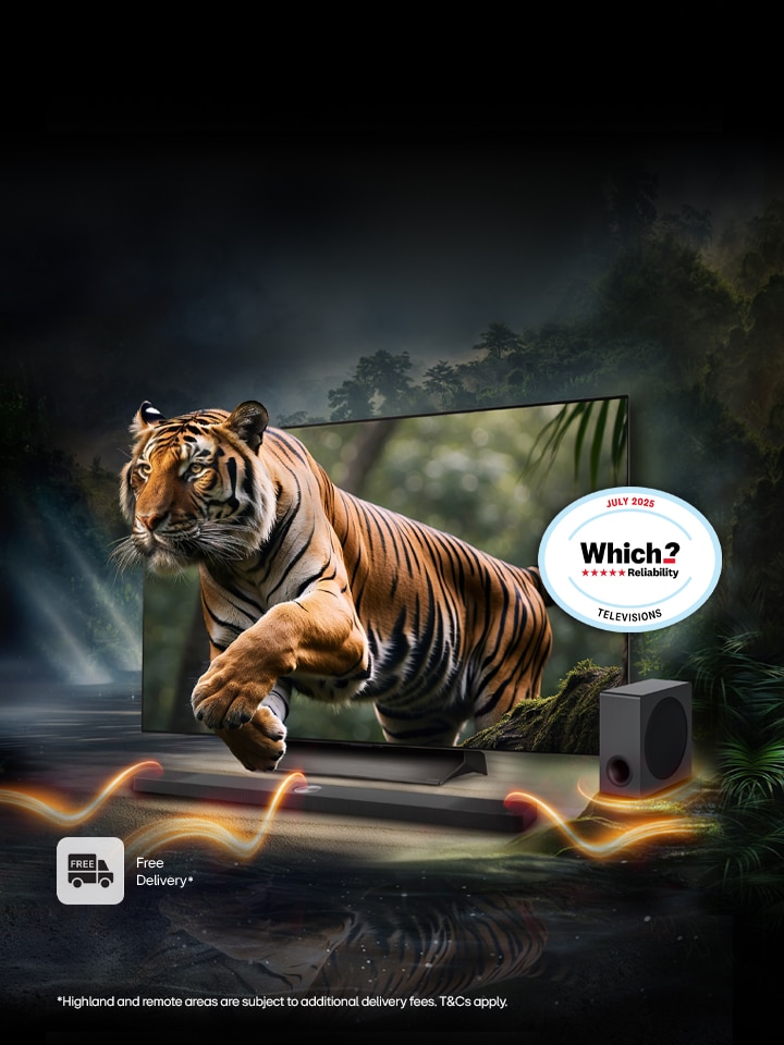 LG oled tv with a real life tyger jumping out of the screen to depict the realism and clarity of the screen with a soundbar and speaker at the bottom with soundwaves