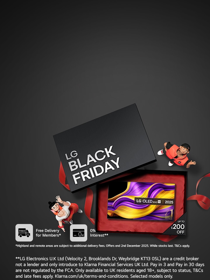 LG products and boxes stacked on top of each-other with Black Friday written on front of box