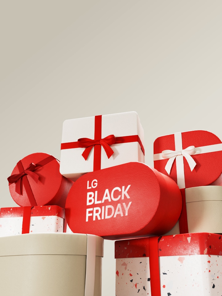 LG presents stacked on top of each-other with Black Friday written on front of box