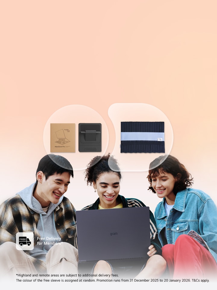 3 People sat around an LG gram laptop, with an orange background