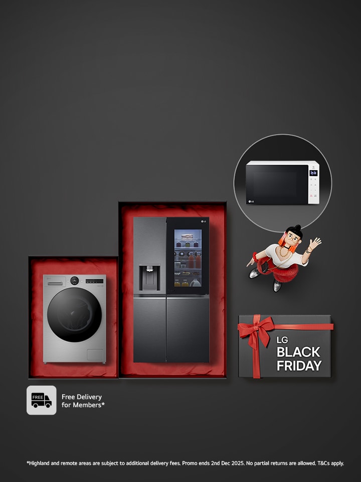 LG washing machine and instaview fridge freezer with black Friday copy above then and a white microwave highlighted with a circle to complement to promotional copy when a customer receives a free microwave with selected home appliances