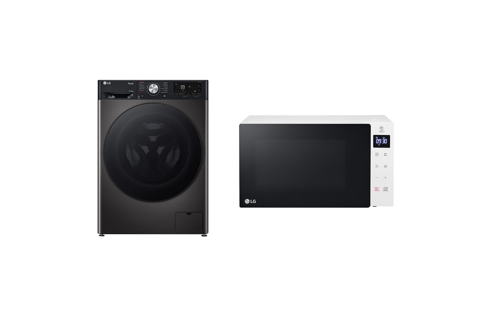 Front view of 11kg / 6kg DUAL Dry™ Washer Dryer & 20L 700W NeoChef™ Slim Microwave Oven Bundle FWY916BBTN1.MS2032
