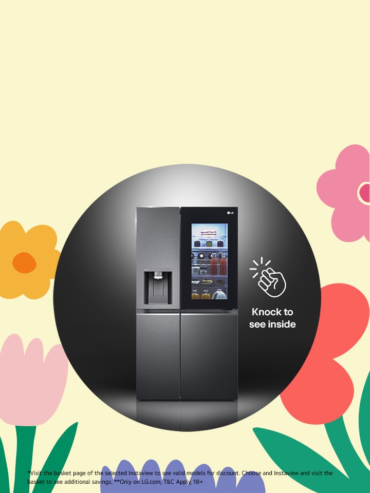 LG InstaView Fridge on the right side,  surrounded by a bright, Spring like setting