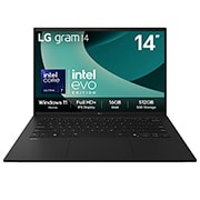 Front view of 14" LG gram Laptop, 16GB RAM, Intel® Core™ Ultra Processor, gram Hybrid AI, Copiliot, Obsidian Black with green swirl background on screen