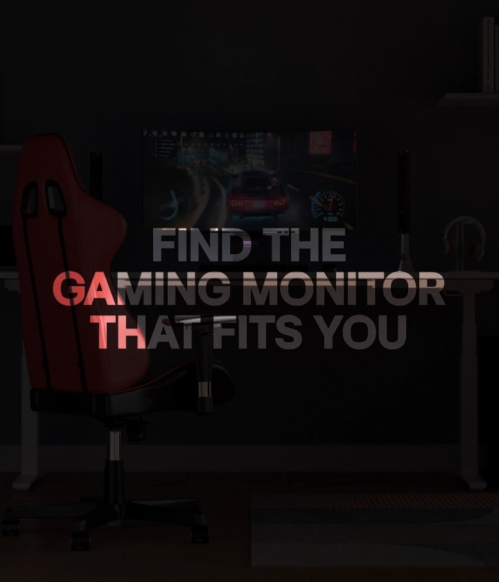 A central UltraGear monitor on a sleek desk displays fast-changing gameplay across genres such as FPS, racing, and adventure, while the surrounding environment shifts dynamically to highlight gaming in diverse settings.