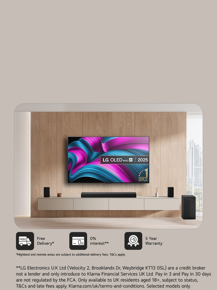LG oled tv on the wall with a soundbar and speakers and subwoofer underneath with promo message to get a free soundbar when buying pre-set bundles