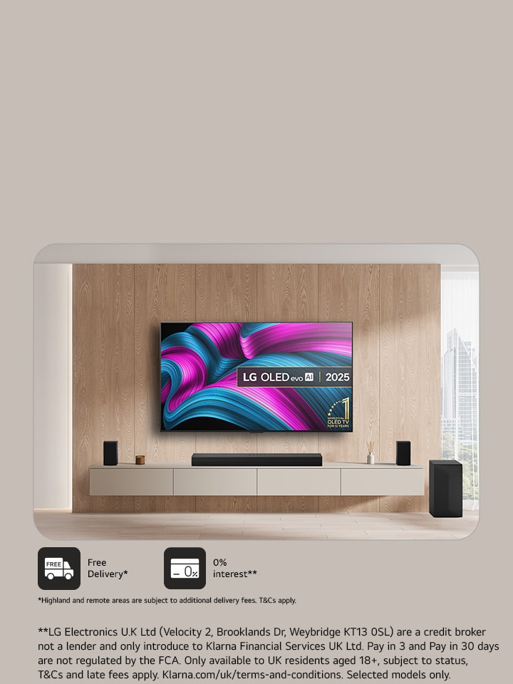 LG oled tv on the wall with a soundbar and speakers and subwoofer underneath with promo message to get a free soundbar when buying pre-set bundles