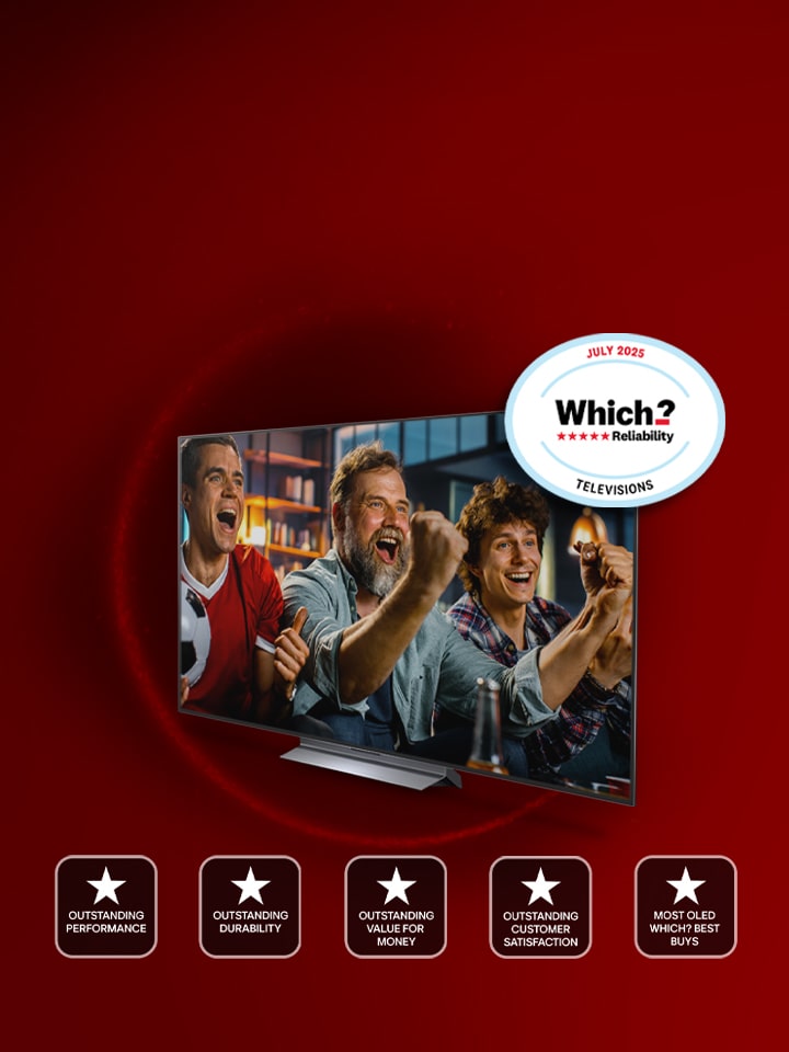 LG OLED TV with Which? reliability award on the right top corner of the screen w