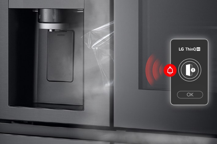 LG refrigerator door slightly open with LG ThinQ alert icon displaying red signal waves