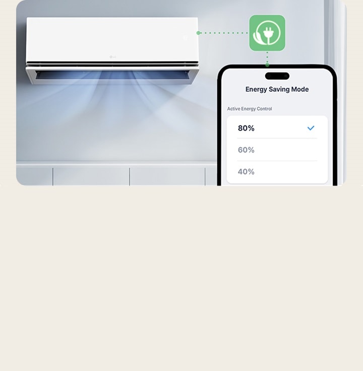 LG Smart-Klimaanlage mit Energiesparmodus, dargestellt mit einer Smartphone-App, die die Lüftergeschwindigkeit auf 80 Prozent eingestellt anzeigt.