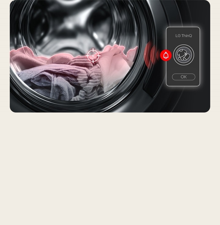 LG washer drum with clothes and phone alert for laundry left inside during tub clean cycle