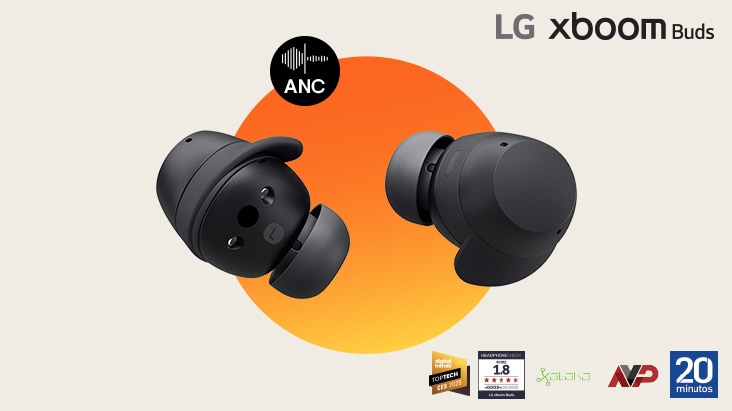 A pair of black xboom Buds is placed on a orange background. On the left above side ANC logo is placed and at the bottom Digital Trends award, Kopfhoere award, Xataka Award, AV Pasión award and 20minutos award logos are placed.