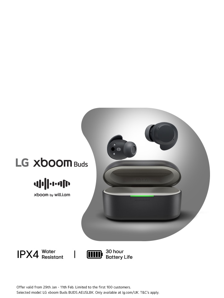 lg xboom earbuds image with LG Xboom Buds logo and Will-i-am logo to the left of it