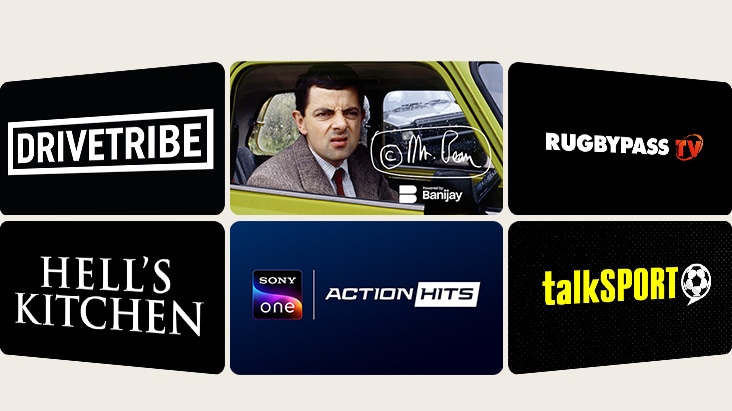 Six TV show thumbnails displayed on screen, representing a diverse selection of LG Channels, including sports, news, kids entertainment, and lifestyle programs.