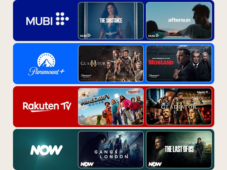 Four colored boxes featuring logos of popular streaming services with two TV show thumbnails each, illustrating a diverse selection of streaming content including shows, movies, and documentaries.