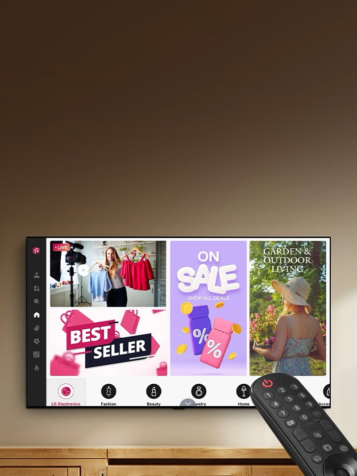 LG Smart TV in living room showing dynamic ShopTime shopping interface with changing deals and live streams, highlighting seamless one-click access to personalized shopping content.