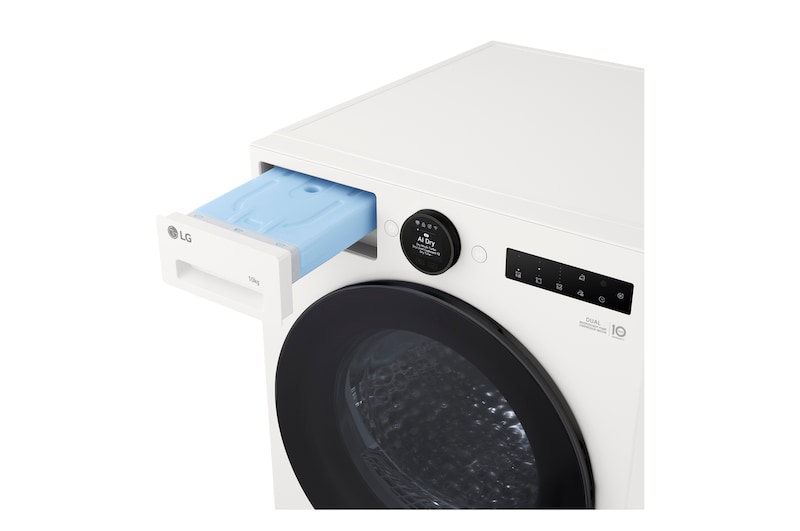 This standalone image of the white RHX7010TWB shows a 45° top‑angle close‑up against a white background, highlighting the water collection tank that needs emptying