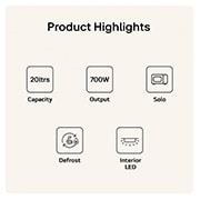 MS2082F Product Highlight Card Showing 20 litres capacity 700W output Grill function easy clean Defrost and Interior LED