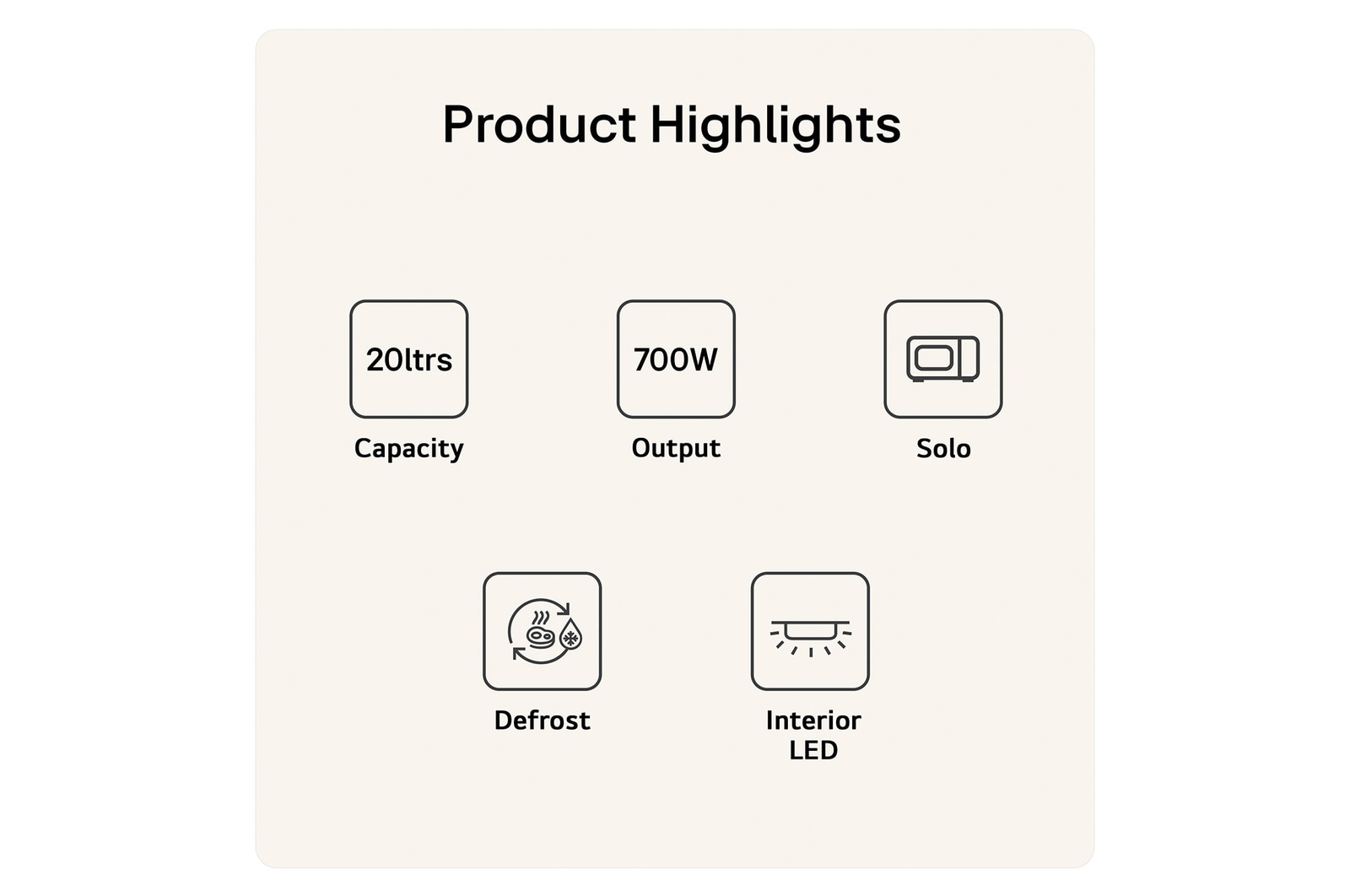 MS2082F Product Highlight Card Showing 20 litres capacity 700W output Grill function easy clean Defrost and Interior LED